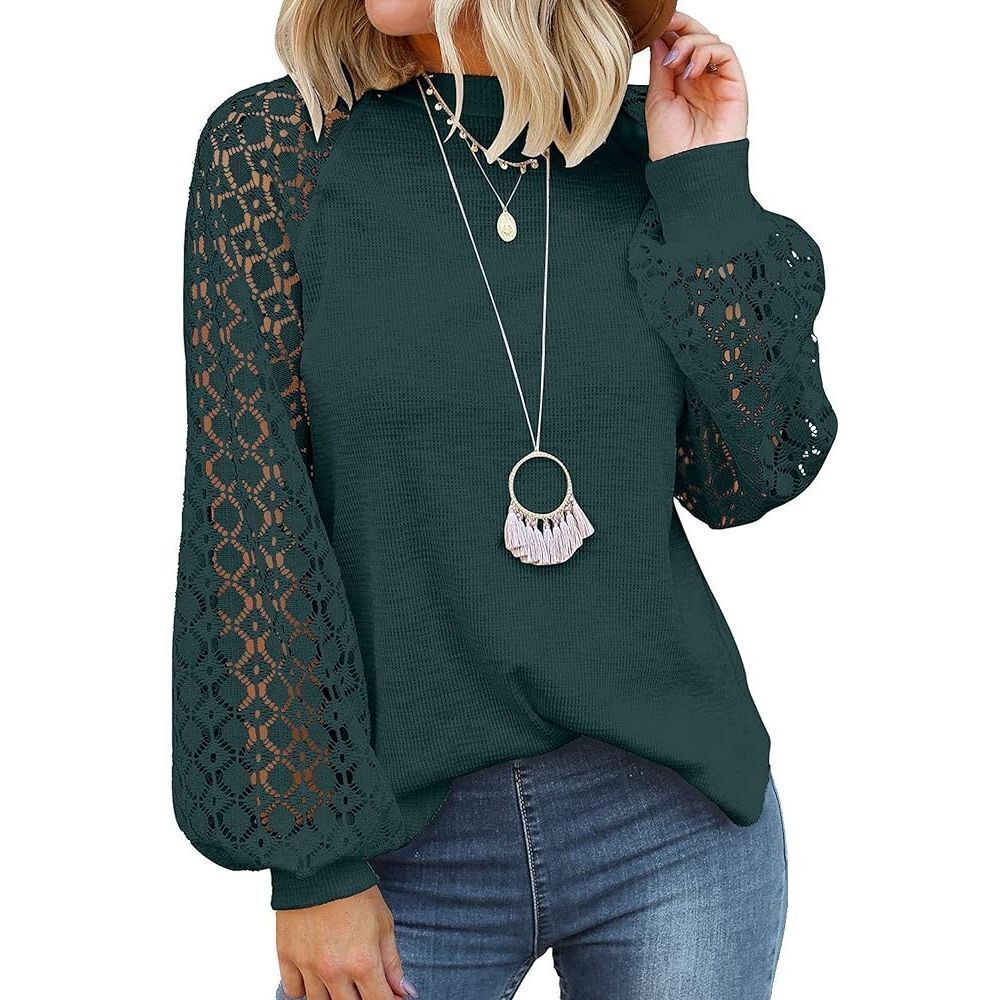 Women’s Long Sleeve Lace Casual Loose Blouse Large dark green shirt